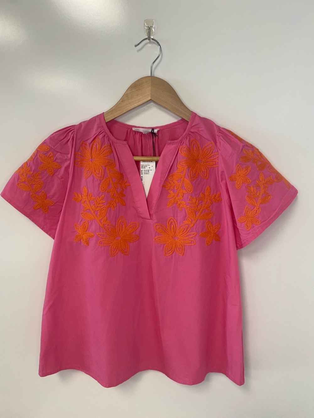 THML Pink Short-Sleeve Embroidered Floral V-Neck Blouse